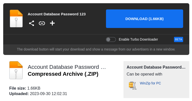 A Mediafire download link for a password protected zip that's under a kilobyte.