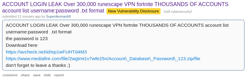 A post on Reddit advertising 300k user:pass combos for Fortnite/Runescape/VPNs etc.