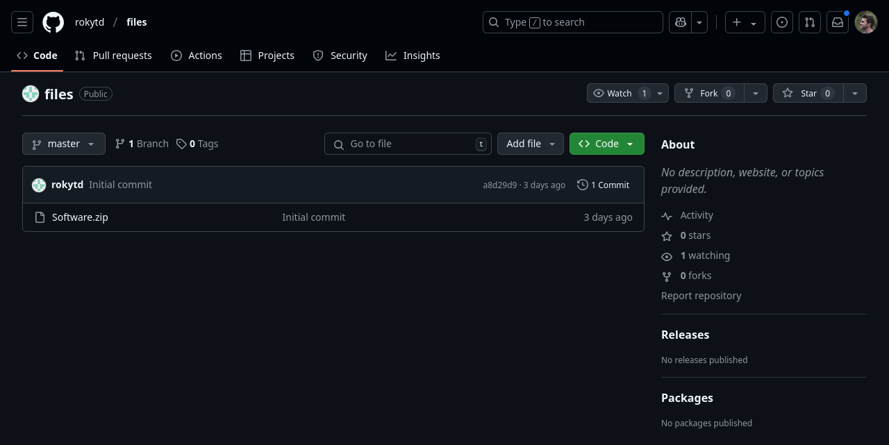 A GitHub repository containing a single file - "Software.zip" - which as we all know is the best way to use git.