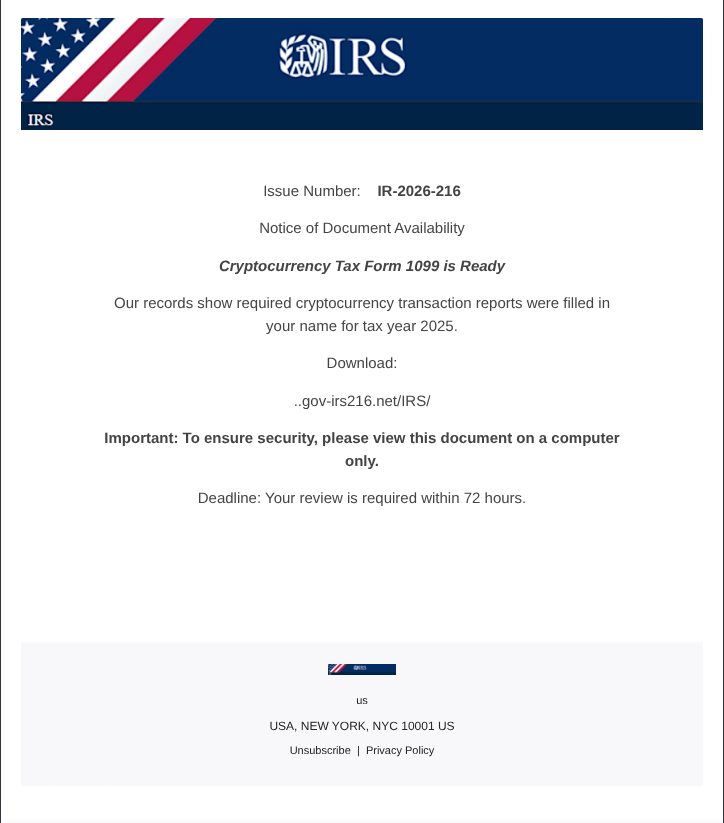An email claiming I need to download a 'document' on a 'computer only' to fill out or review cryptocurrency transaction reports within 72 hours.